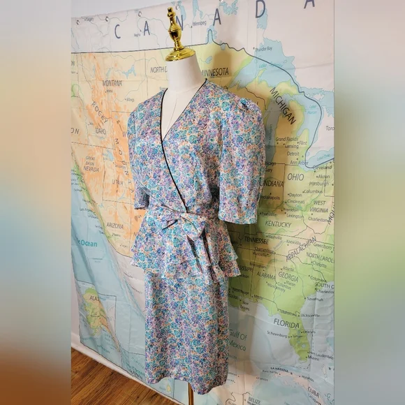 Vintage 1980sJT Dress Floral Wrap Dress with Blue and Pink Accents Size 10